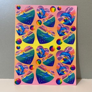 Feuille d'autocollants vintage Lisa Frank dauphins coeurs ballons de plage S211