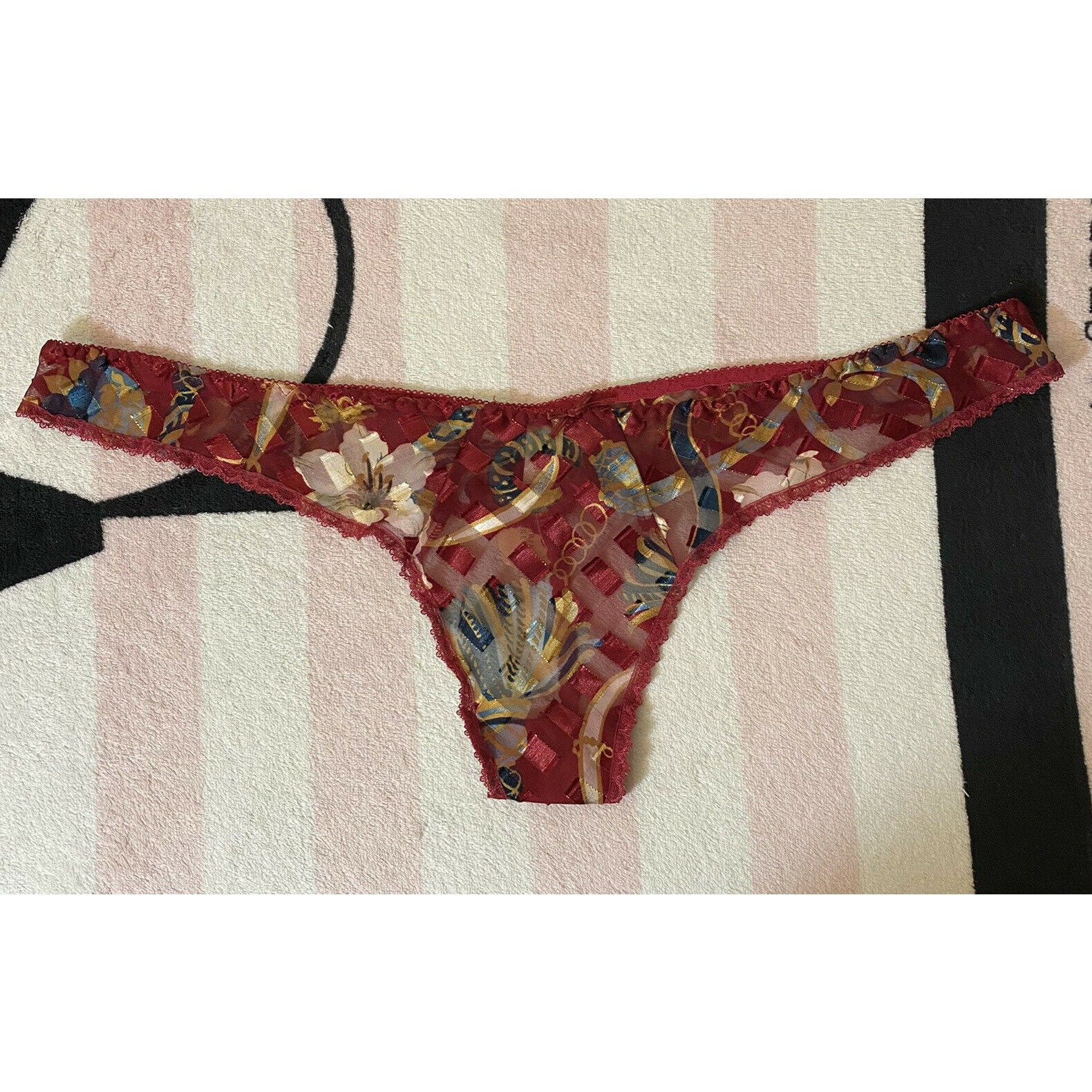 Victorias Secret Nylon Red Thong Underwear with Ivory Lace and