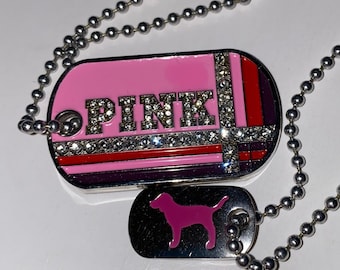 Victoria&#39;s Secret Pink Vintage Collectible Property Of Pink Bling Dog Tag Necklaces