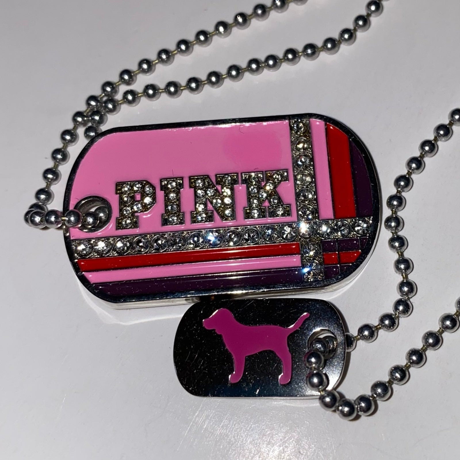 Victoria's Secret Pink Vintage Collectible Property of Pink Bling Dog Tag  Necklaces 