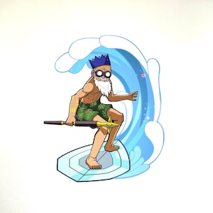 Surfing Wise Old Man OSRS Vinyl Sticker | Old School Runescape Laptop Sticker, Water Bottle Sticker, Waterproof, OSRS