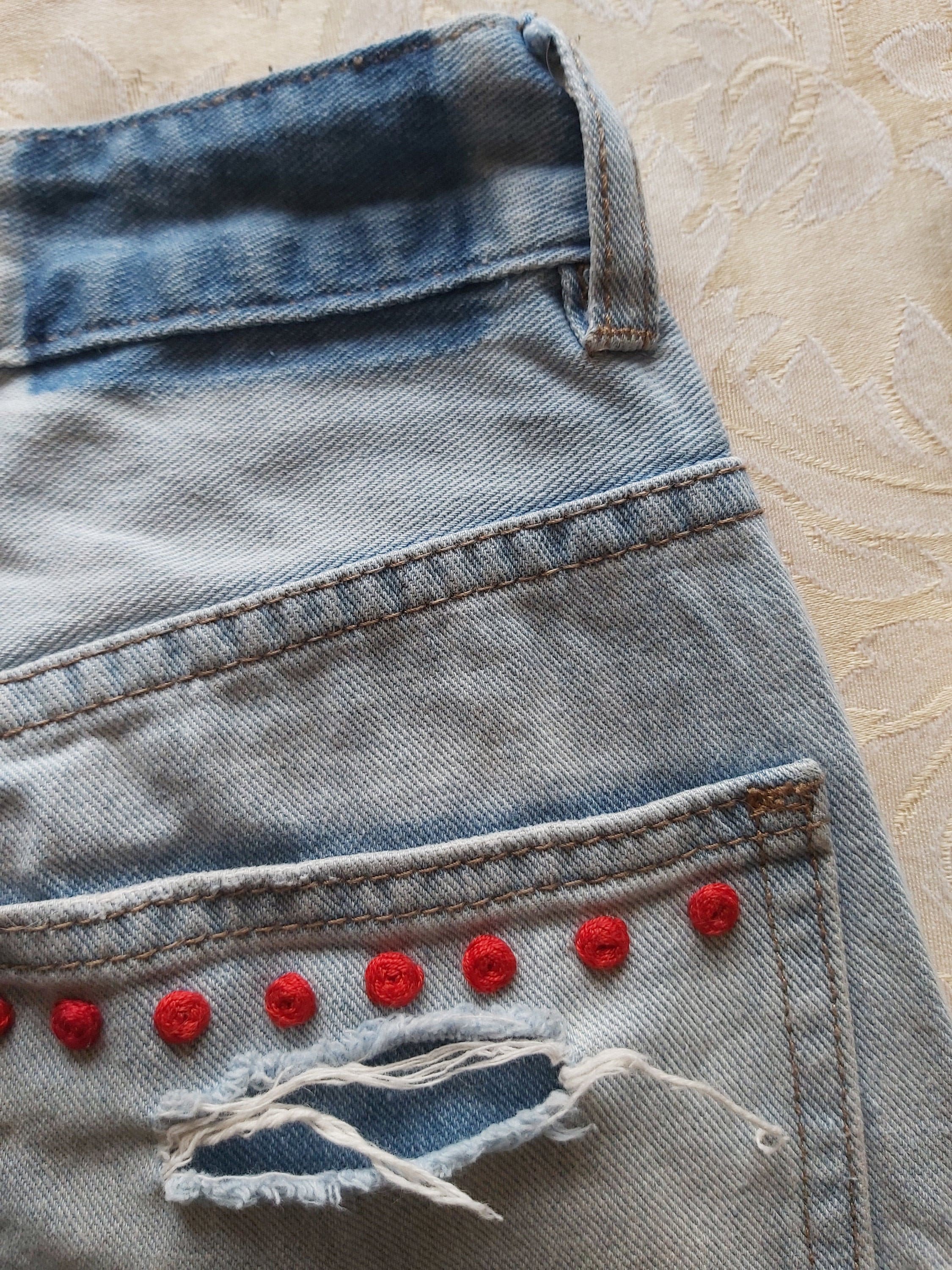 Embroidered red roses jeans Etsy
