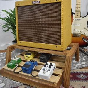 Handcrafted Guitar Amp Stand with Pedalboard - Walnut Brown and Plywood Hexagon Pattern Detail
