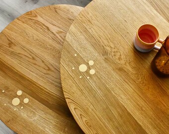Cosmic Waves Set, solid oak coffee table, brass inlay table top, mid century modern, scandinavian design, classic round solid wood table