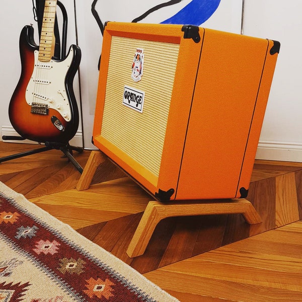 Lakefront Amp Stand, custom made solid wood guitar amplifier & cabinet stand, hardwood mid century modern tilted speaker stand,  brass pins
