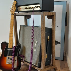 Lakefront Angled Pi Amp Stand, custom made walnut dyed guitar amplifier & cabinet stand, hardwood mid century modern elevated speaker stand