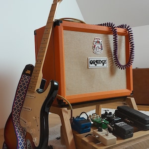 Bright Braids Oak & Plywood pedalboard and Amp Stand set, custom made solid wood guitar amplifier stand, mid century modern speaker stand