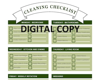 Cleaning Checklist Printable , Weekly Cleaning Schedule, Organization