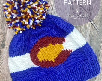 El patrón de tejido digital Colorado Love Hat / Bandera de Colorado / Colorado Love / Gorro / Adulto / Niño / Pom-pom