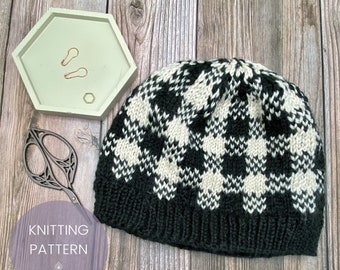 The Tartan Hat Digital Knitting Pattern | beanie | toque | FairIsle | colorwork | plaid | buffalo check | modern | customizable