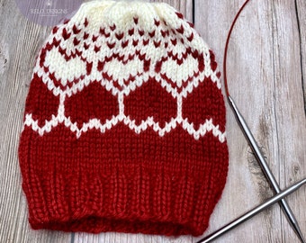 The Sweetheart Hat Knitting Pattern beanie | fair isle | adult | child | colorwork | hearts | Valentine | Love