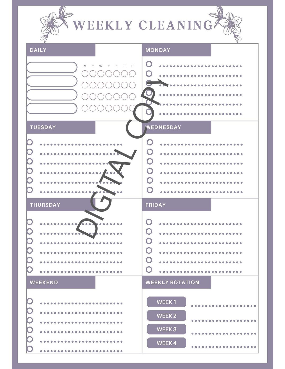 Customizable Simple Floral Blank Cleaning Checklist Printable , Weekly ...