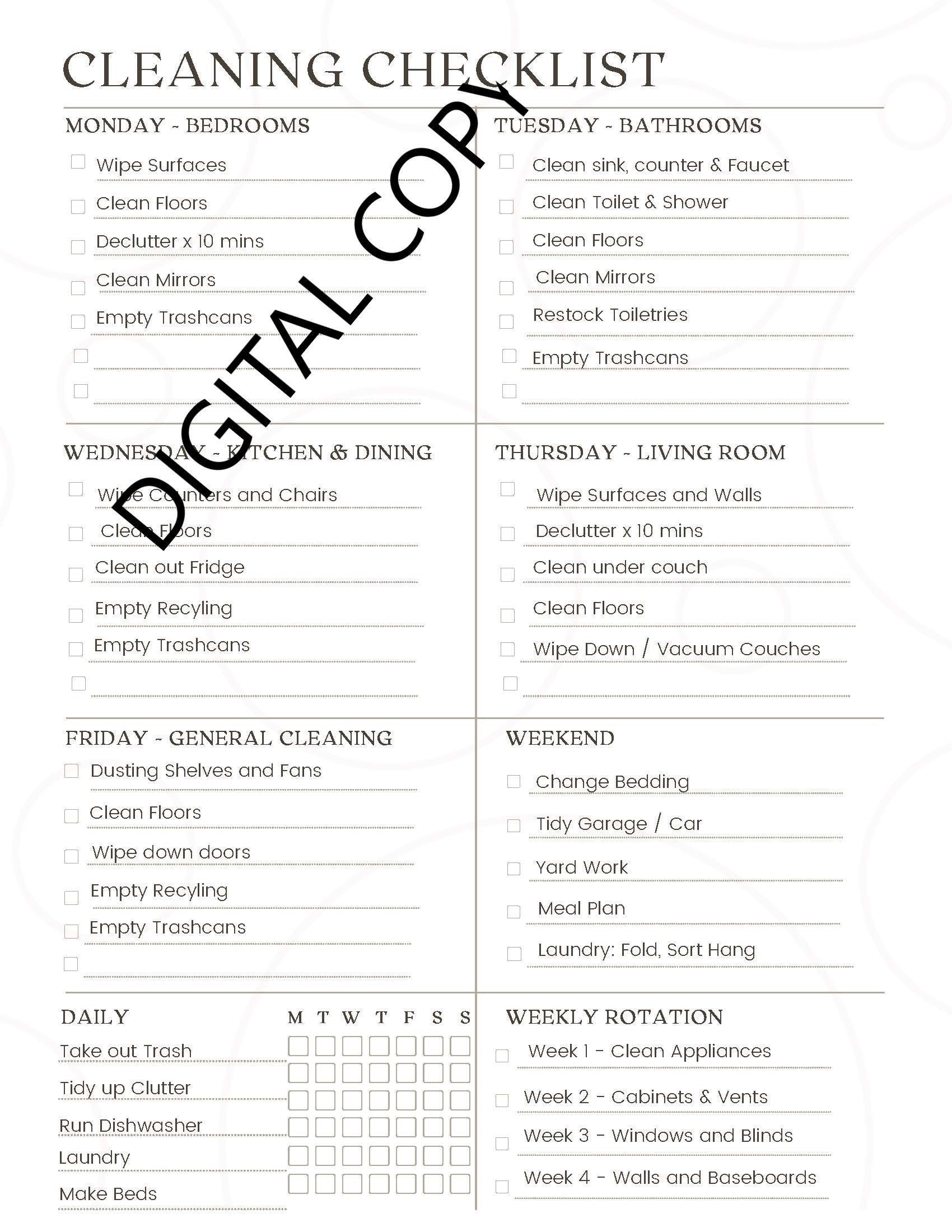 Minimalist Cleaning Checklist Printable , Weekly Cleaning Schedule ...