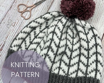 Fiddle Sticks Hat Digital Knitting Pattern | beanie | toque | herringbone | colorwork | adult size | child size | modern | fair isle