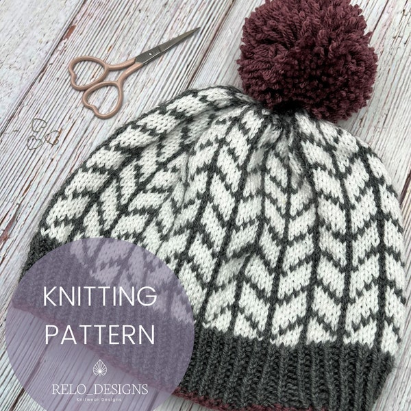 Fiddle Sticks Hat Digital Knitting Pattern | beanie | toque | herringbone | colorwork | adult size | child size | modern | fair isle