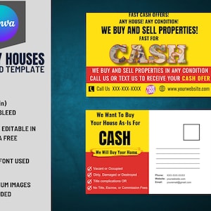 We Buy Houses 6 x 9 inch ansichtkaart VOL-25 | Kant-en-klare ansichtkaart voor vastgoedinvesteerders, volledig bewerkbaar in Canva, gratis