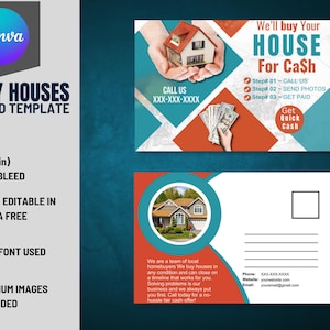 Compramos casas, postal de 6 x 9 pulgadas, VOL-12 / Postal lista para usar con anverso y reverso para inversores inmobiliarios, totalmente editable en Canva gratis
