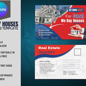 Compramos casas, postal de 6 x 9 pulgadas, VOL-4 / Postal lista para usar con anverso y reverso para inversores inmobiliarios, totalmente editable en Canva gratis