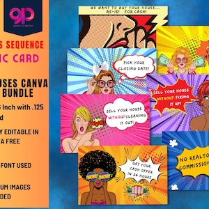Paquete de 7 postales EDDM estilo cómic "Compramos casas" (anverso y reverso) / 10 x 15 cm con sangrado de 0,125 / Plantillas editables gratuitas de Canva