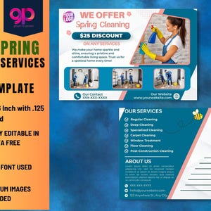 Postal EDDM de Servicios de Limpieza de Primavera VOL-1 / Tamaño estándar: 4 x 6 pulgadas / Diseños frontal y posterior / Plantillas editables gratuitas de Canva