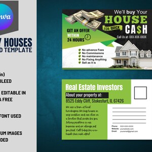 Wir kaufen Häuser 6 x 9 Zoll Postkarte VOL-20 | Gebrauchsfertige Vorder- und Rückseiten-Immobilienanleger-Postkarte, die in Canva Free bearbeitet werden kann