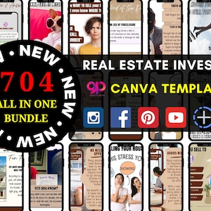 704 We Buy Houses canvassjablonen | Instagram, Facebook, Pinterest-pin, IG-verhaal, YouTube- en IG-rollen volledig bewerkbaar in Canva Gratis bundel