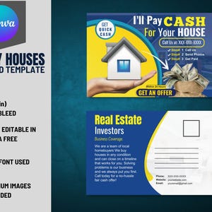 Wir kaufen Häuser 6 x 9 Zoll Postkarte VOL-24 | Gebrauchsfertige Vorder- und Rückseiten-Immobilienanleger-Postkarte, die in Canva Free bearbeitet werden kann