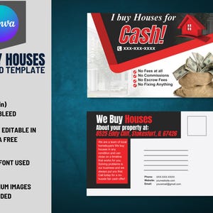 Wir kaufen Häuser 6 x 9 Zoll Postkarte VOL-6 | Gebrauchsfertige Vorder- und Rückseiten-Immobilienanleger-Postkarte, die in Canva Free bearbeitet werden kann