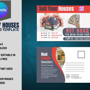 Wir kaufen Häuser 6 x 9 Zoll Postkarte VOL-13 | Gebrauchsfertige Vorder- und Rückseiten-Immobilienanleger-Postkarte, die in Canva Free bearbeitet werden kann