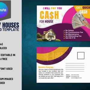 Wir kaufen Häuser 6 x 9 Zoll Postkarte VOL-8 | Gebrauchsfertige Vorder- und Rückseiten-Immobilienanleger-Postkarte, die in Canva Free bearbeitet werden kann