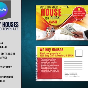 Wir kaufen Häuser 6 x 9 Zoll Postkarte VOL-10 | Gebrauchsfertige Vorder- und Rückseiten-Immobilienanleger-Postkarte, die in Canva Free bearbeitet werden kann