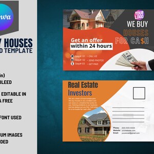 Compramos casas, postal de 6 x 9 pulgadas, VOL-5 / Postal lista para usar con anverso y reverso para inversores inmobiliarios, totalmente editable en Canva gratis