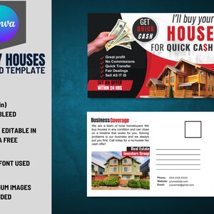 Wir kaufen Häuser 6 x 9 Zoll Postkarte VOL-17 | Gebrauchsfertige Vorder- und Rückseiten-Immobilienanleger-Postkarte, die in Canva Free bearbeitet werden kann