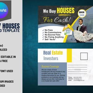 Wir kaufen Häuser 6 x 9 Zoll Postkarte VOL-14 | Gebrauchsfertige Vorder- und Rückseiten-Immobilienanleger-Postkarte, die in Canva Free bearbeitet werden kann