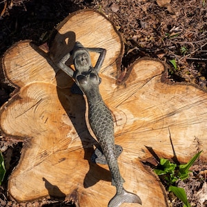 Könnte beinhalten: Ein bronzener Meerjungfrau-Türschläger mit detailliertem Design. Die Meerjungfrau liegt mit ihrem Schwanz um sich herum. Der Türschläger ist auf einem Baumstumpf montiert.