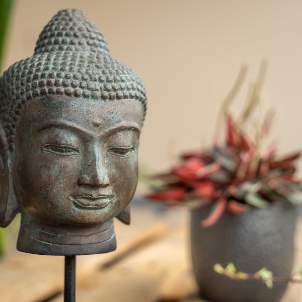 Buddha Head - Frieden und Ausgeglichenheit Bronze Figur Indonesien asiatische Kunst - Bahagia