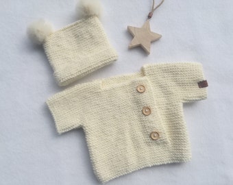 Brassière bébé et son bonnet en laine, coloris écru, taille Naissance/1 mois