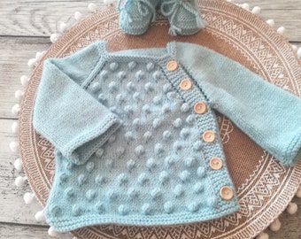 Brassière bébé en laine mérinos bleu, taille Naissance/3 mois