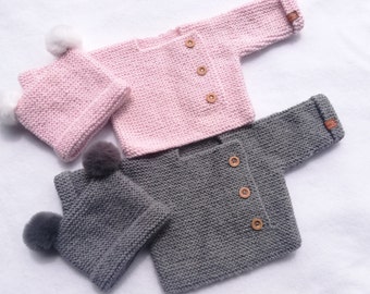 Brassière bébé et son bonnet en laine, 2 coloris au choix, taille Naissance/3 mois