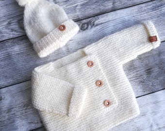 Brassière bébé et son bonnet en laine, coloris écru, taille Naissance/3mois