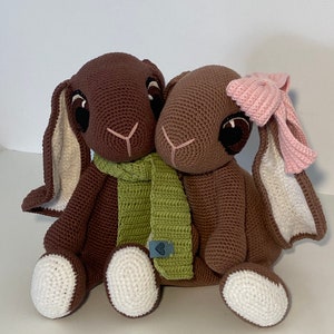 May include: Two brown crocheted bunny plushes sitting together. One bunny is wearing a green scarf and the other is wearing a pink bow.