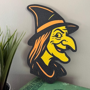 Halloween Hexe Wanddekoration im Vintage-Stil - Retro Hexen-Gesicht in Schwarz, Orange und Gelb