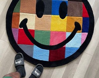 Smiley Face Multi color Hand tufted carpet, Handmade carpet,Kids Round rugs Geometric rugs, area rug ,kids rug, soft rug.3x3,4x4,5x5,6x6.