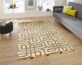 Hand knotted Rug, Area Rug, Kids Rug, Modern Geometric Inspired Hand made Wool and Viscose carpet Rug, Handmade Rug18359