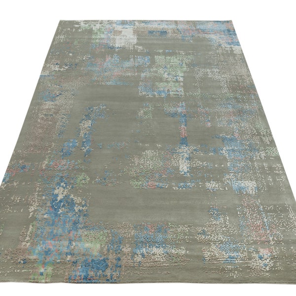 Ready Stock 9x12 Luxury Handmade Rug,Area Rug,Kids Rug,Modern Geometric Inspired Hand made Wool and Viscose carpet Rug , Handmade Rug