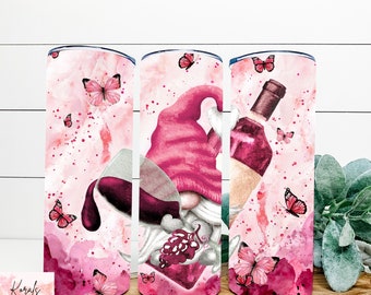 Pink Gnome Wine Tumbler, Butterfly Design, Gift for Her