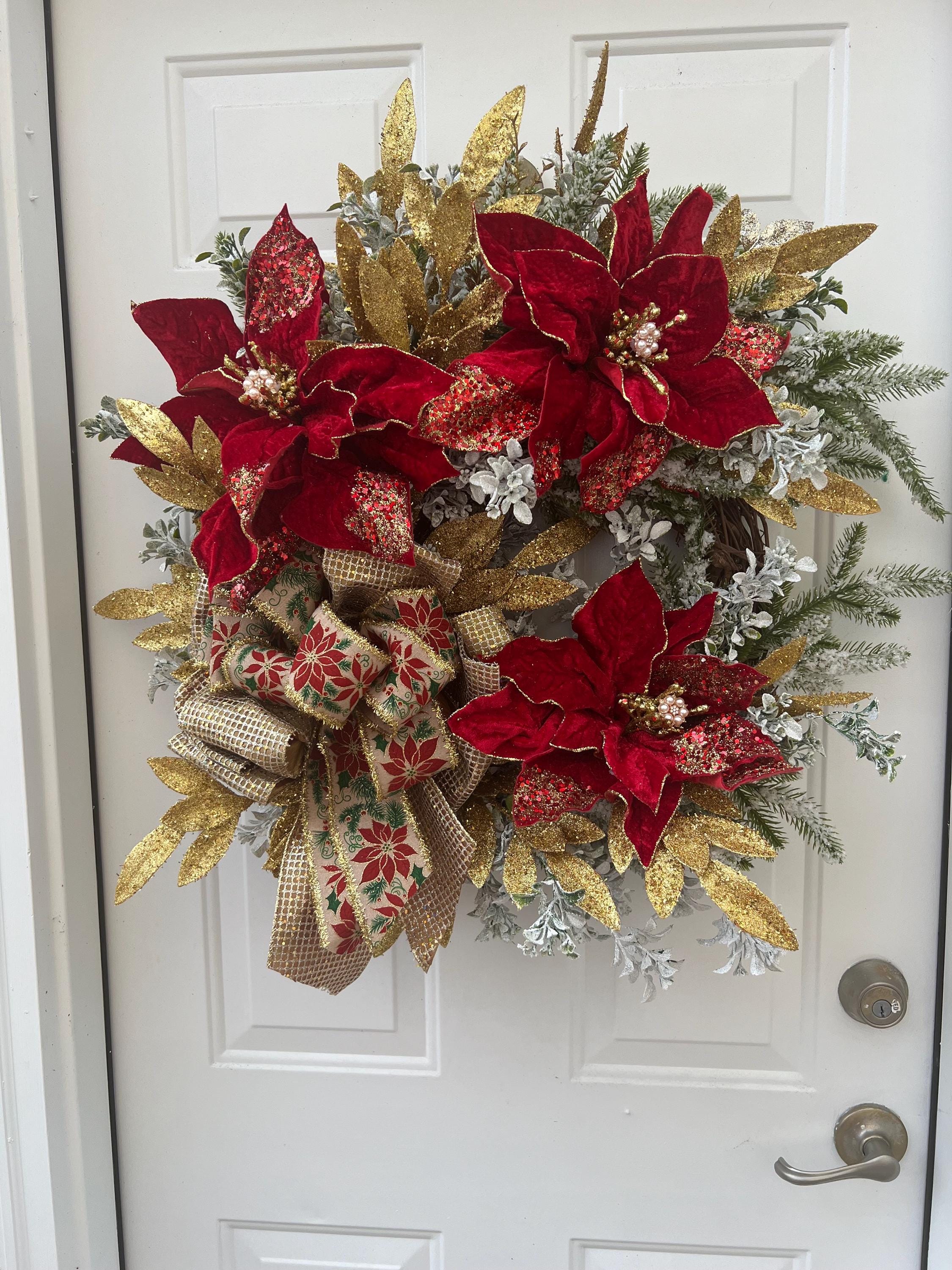 Christmas Large Red Velvet Poinsettias Made With Snowy Greenery, Gold ...