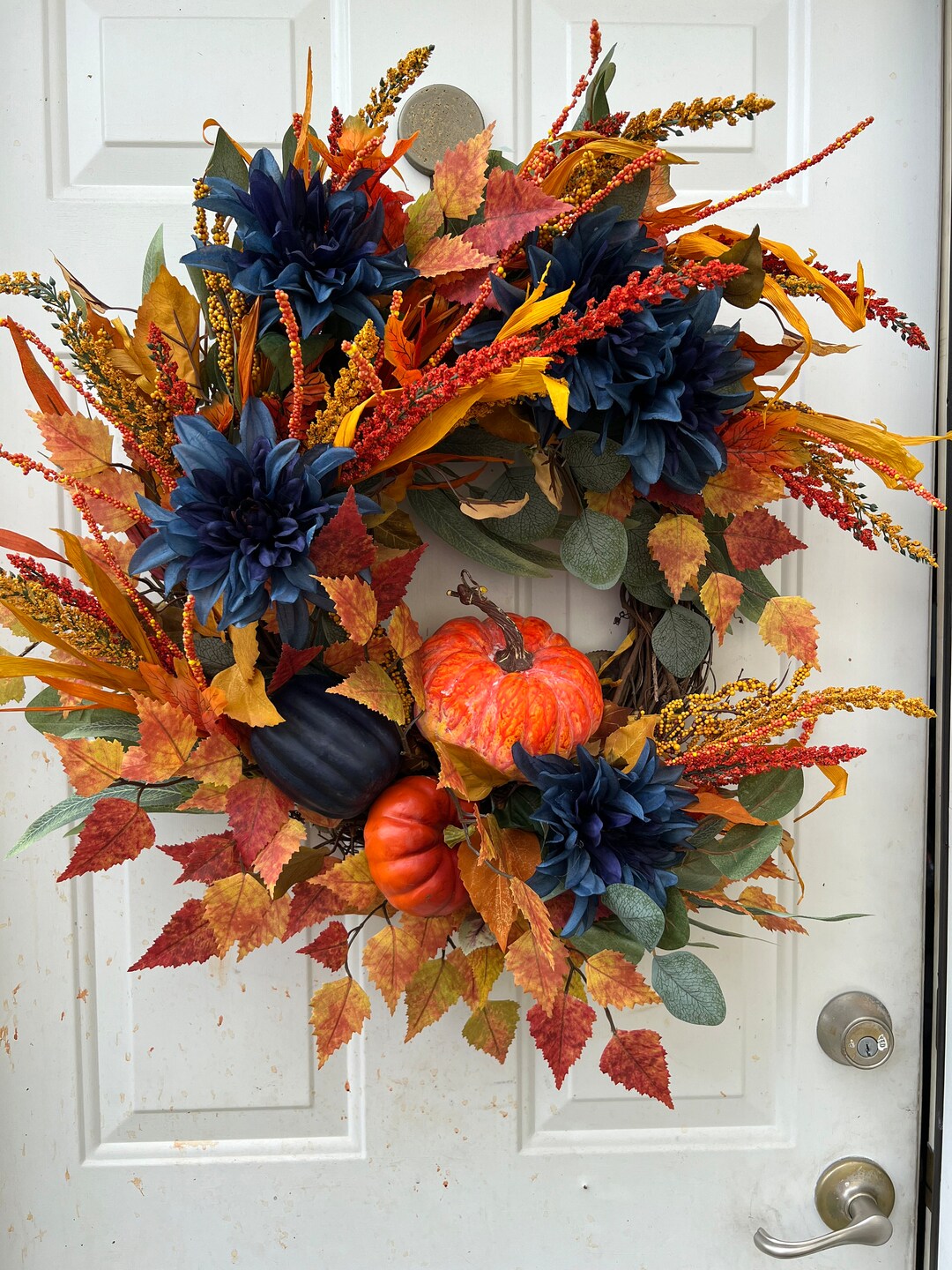 Fall Front Door Wreaths. Made With Blue and Orange Pumpkins - Etsy