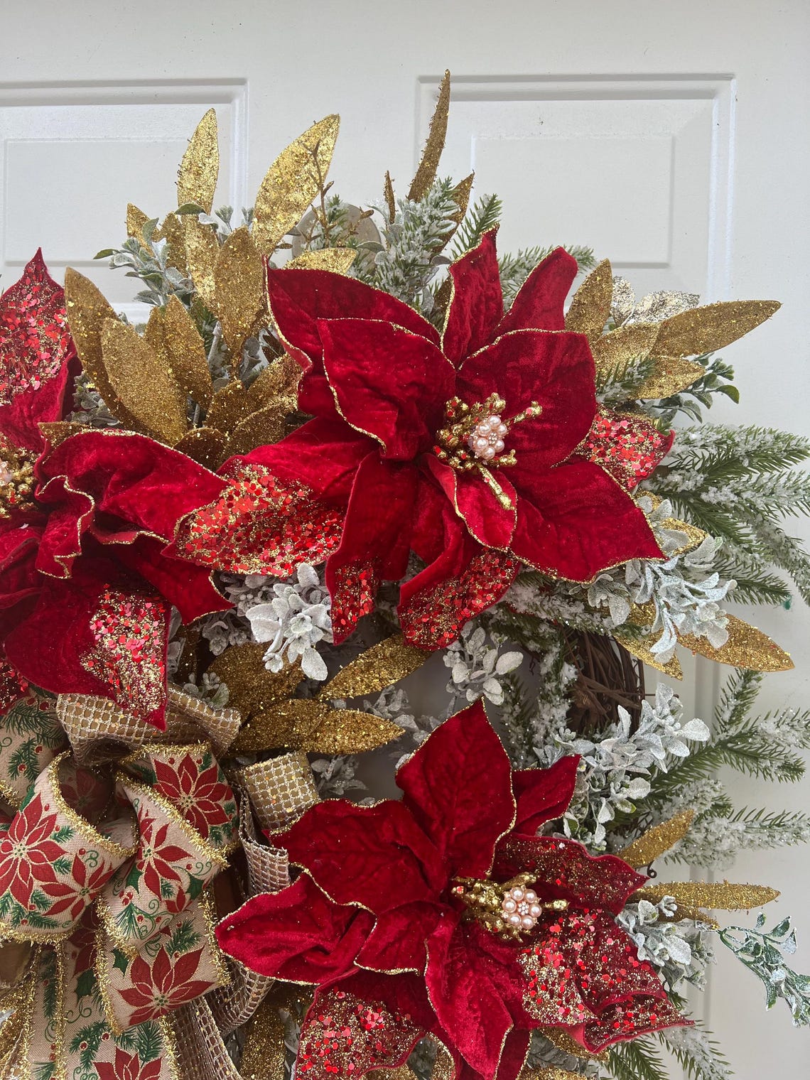Christmas Large Red Velvet Poinsettias Made With Snowy Greenery, Gold ...
