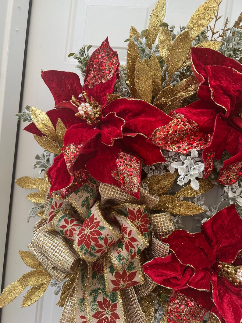 Christmas Large Red Velvet Poinsettias Made With Snowy Greenery, Gold ...